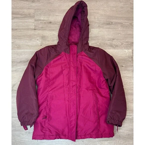 Girls Hooded Colorblock Puffer Winter Coat Burgundy Pink XL 14