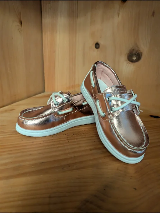 Sperry Girls Metallic Rose Gold Boat Shoes with White Laces