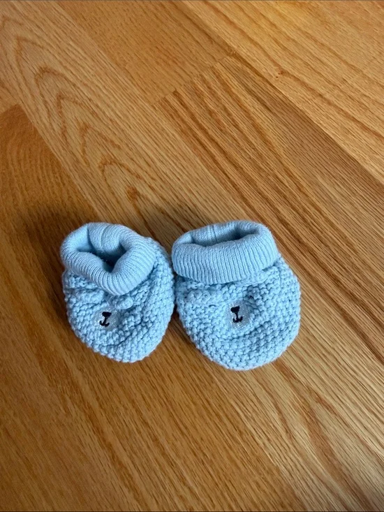 Light Blue Baby Knit Booties with Bear Face - newborn slippers