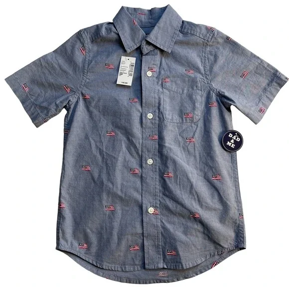 NWT Childrens Place Boys Size 5/6 Blue Short Sleeve Dress Shirt Button Down Flag