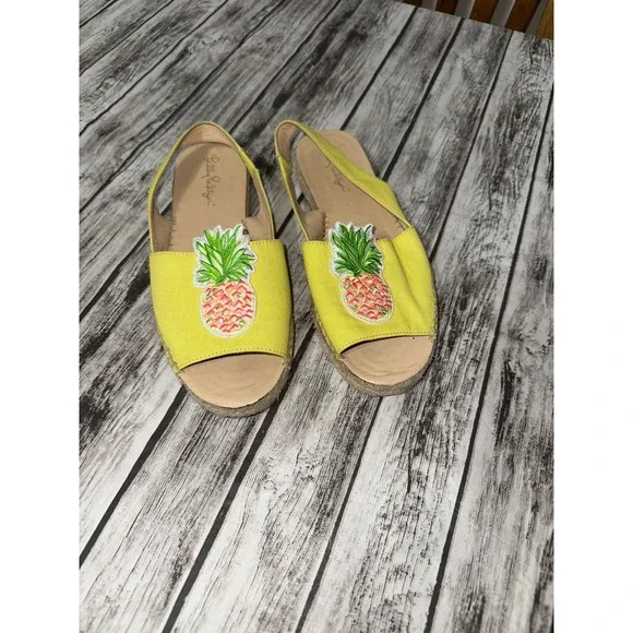 Lilly Pulitzer Yellow Slingback Pineapple  Canvas Espadrille's‎ 7.5 Peep Toe
