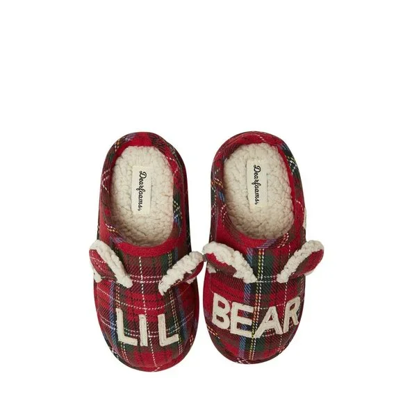 Dearfoams Kids Bear Plaid Clog Slippers Multi-Density Cushioned Insole With Memo