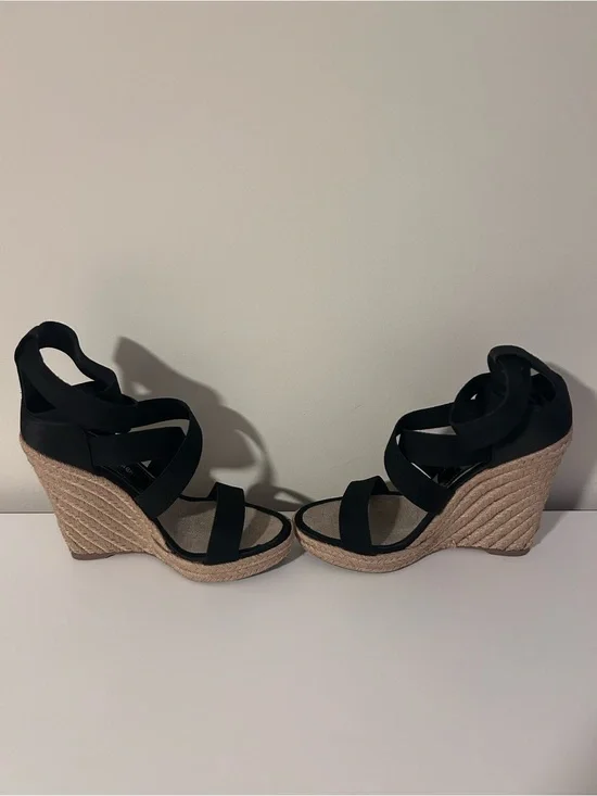 Jean Michel Cazabat Black Espadrille Wedge Sandals with Crisscross Straps