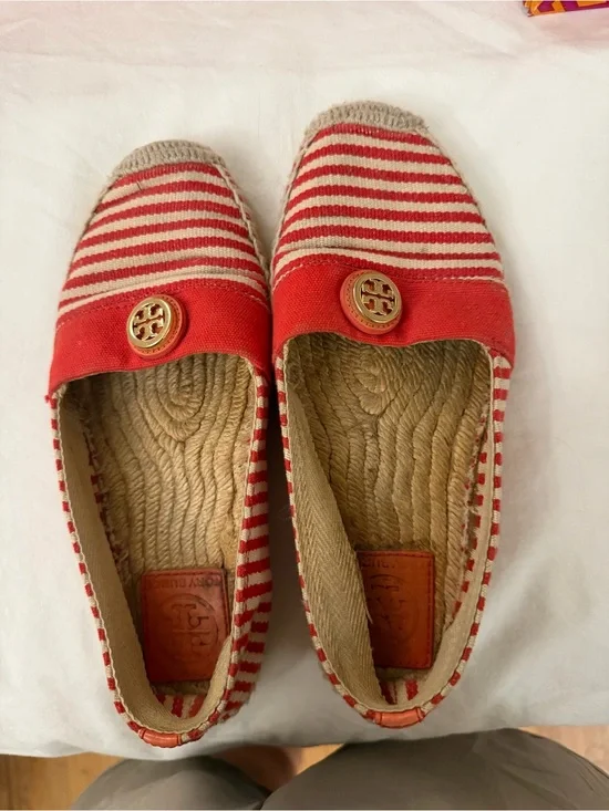 Tory Burch Red and Cream Striped Espadrille Slip-Ons