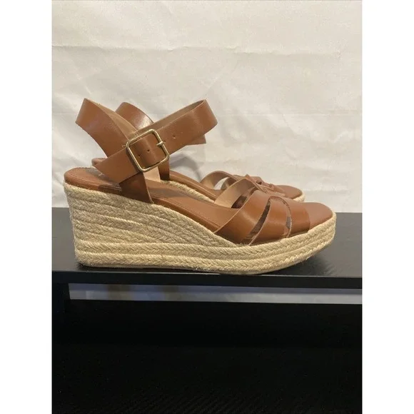 Time and Tru Espadrille Woman's Brown Wedge Ankle Strap Sandals Size 7.5