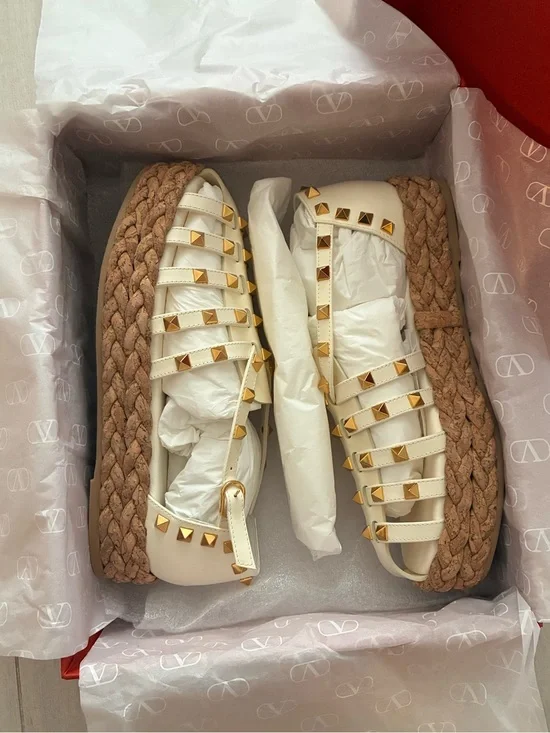 Valentino White Studded Espadrille Platform Sandals