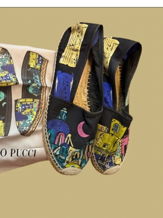Black Canvas Espadrilles with Colorful City Print
