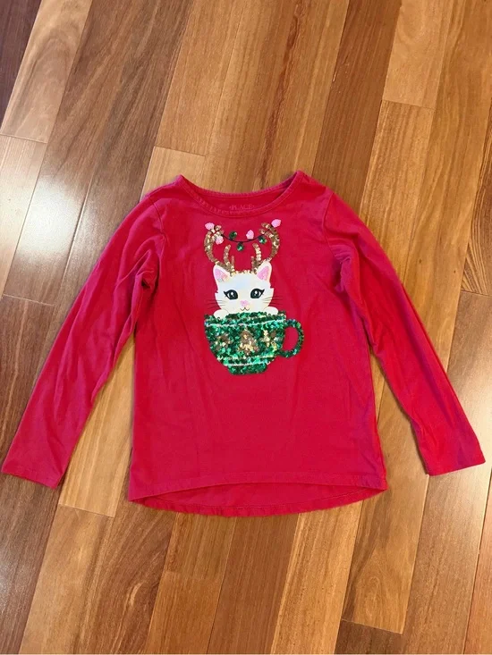 Children's Place Red Long-Sleeve Tee with Sequin Cat in Teacup Girls M 7/8 - GUC