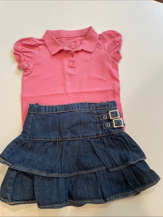 The Children's Place Pink Polo Top with Blue Denim Ruffle Skirt
