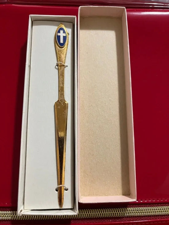 Vintage Gold Letter Opener with Blue and White Cross Emblem