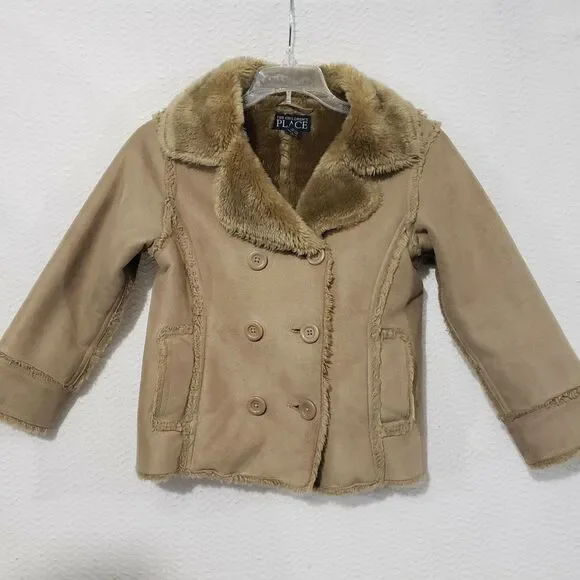 The Children's Place Beige faux suede and fur Coat jacket buttons Girls M (7/8)
