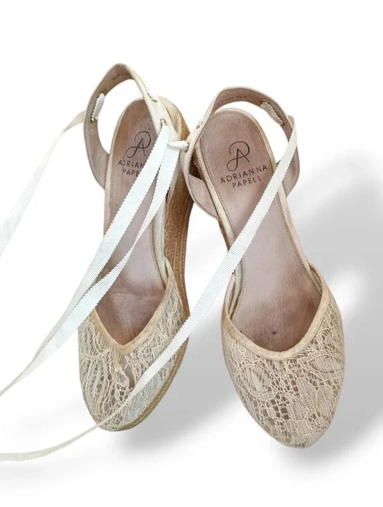 Adrianna Papell Cream Lace Espadrille Wedge Sandals Ribbon Lace Up Ankle Ties 7M