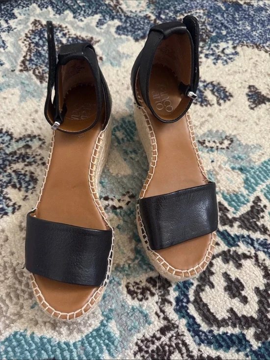Franco Sarto Black Leather Espadrille Ankle-Strap Sandals