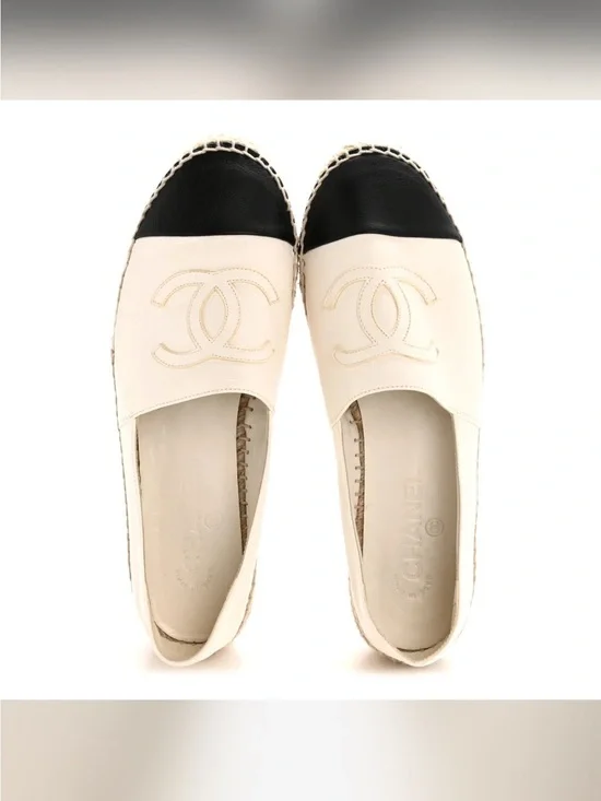 CHANEL Cream Leather Espadrilles with Black Cap Toe and CC Logo