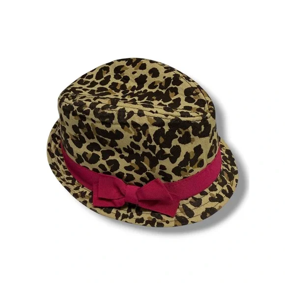 The‎ Childrens Place Girls Leopard Print Fedora Hat Pink Bow Tan Black Size 4/5