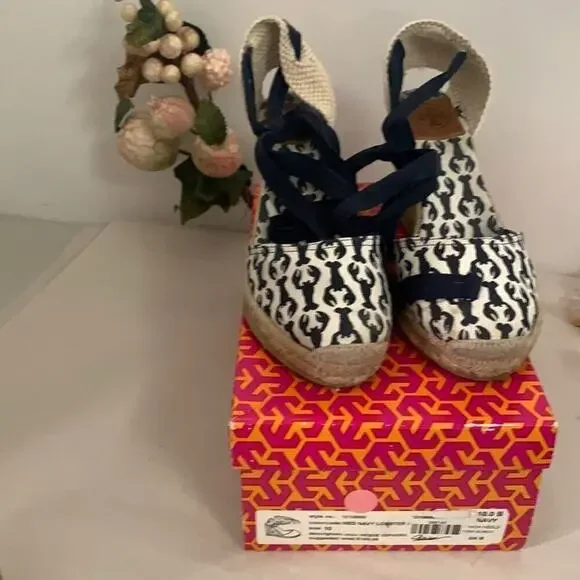 TORY BURCH HIGH WEDGE ESPADRILLE MED‎ NAVY LOBSTER SIZE 10