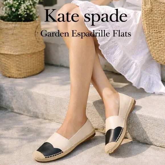 Kate Spade Garden Espadrille Flats‎ Womens Bare Black Leather Resort Parisian
