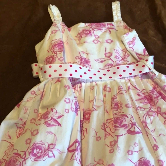 The Children's Place White Dress with Pink Floral Print and Pink Polka Dot Belt