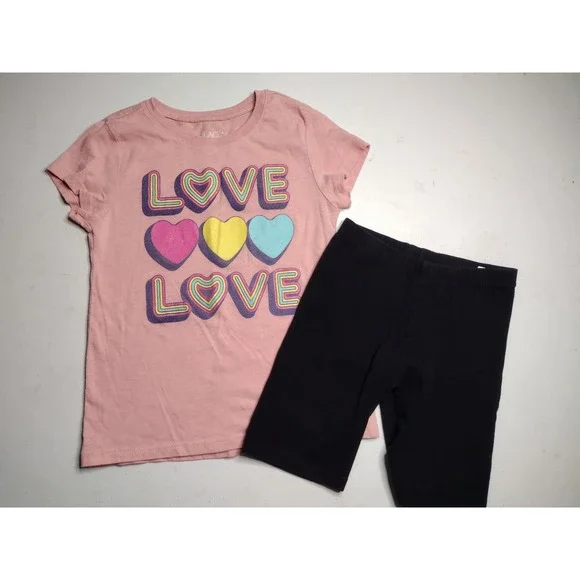 Childrens Place Girls Pink Love Heart‎ Graphic Tee and Black Bike Shorts Set 5