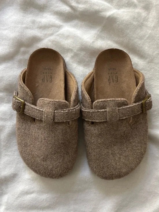 GAP Felt Clog Mules in Taupe Brown with Brass Buckles