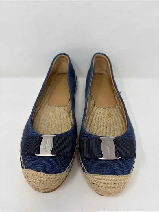 Salvadore Ferragamo Navy Canvas Espadrille Flats with Bow Accent Size 8