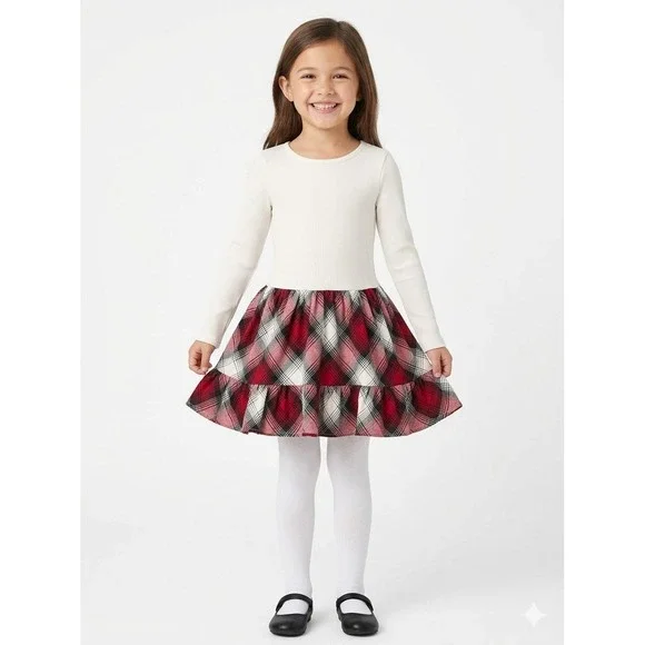 The Childrens Place Girls Christmas Long Sleeve Plaid Ribbed Drop Waist Dress 16