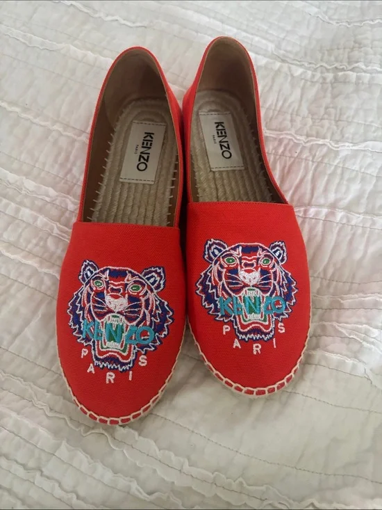 Kenzo Coral Red Tiger Embroidered Slip-On Espadrilles