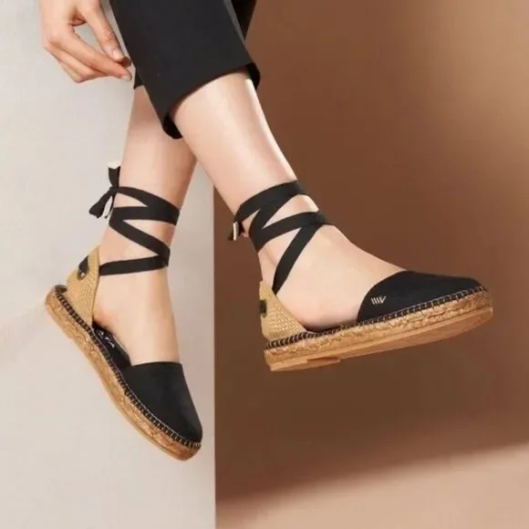 VISCATA Size 6.5 Candell Espadrille Sandals Flats Jute Black