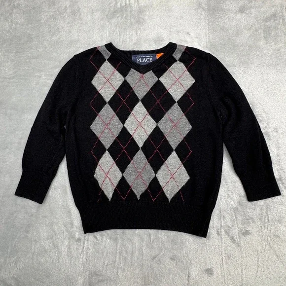 The Childrens Place Boys Argyle V-Neck‎ Sweater Black Grey Red 12-18M