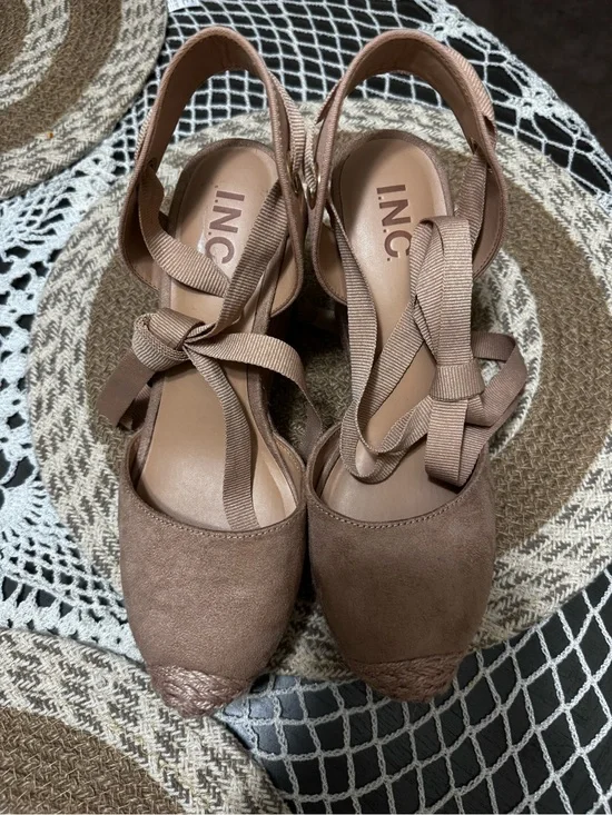 INC International Concepts Taupe Lace-Up Espadrille Wedges