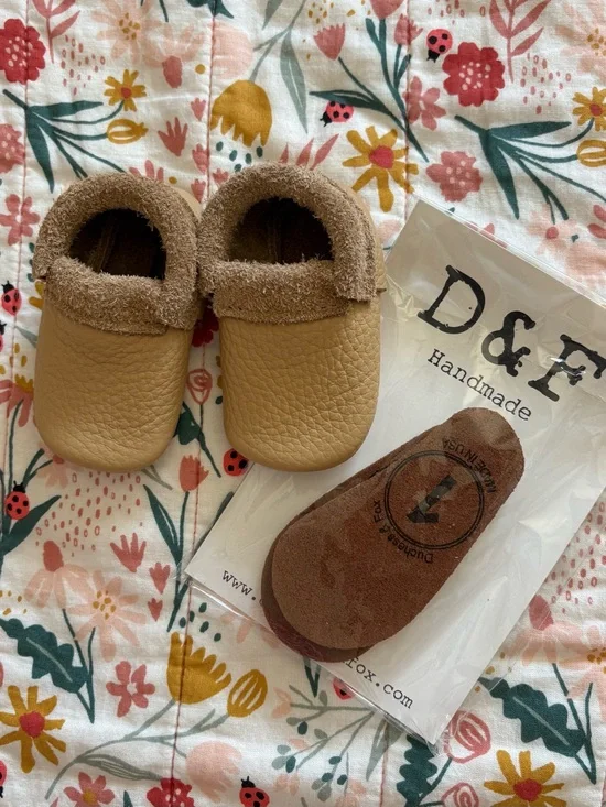 Baby Tan Leather Moccasin Booties with Cozy Cuff