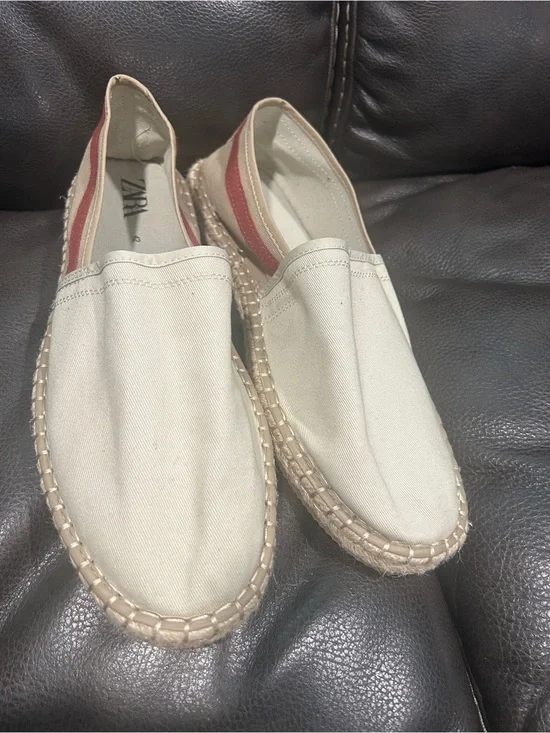 Zara Cream Canvas Slip-On Espadrilles with Red Heel Stripe