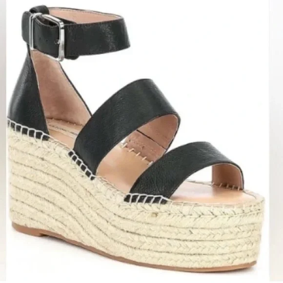 Antonio Melani Bayshore Leather Black Tan Strappy Wedge Platform Sandal 10