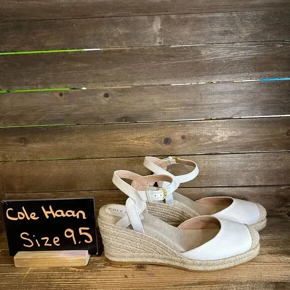 New Womens Cole Haan Cloudfeel‎ Espadrille Wedge II White Linen Heels Size 9.5 B