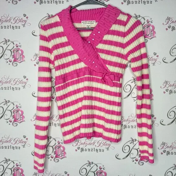 Sweater candy striped ribbon bow tie detail sequins sparkly knitted crochet y2k