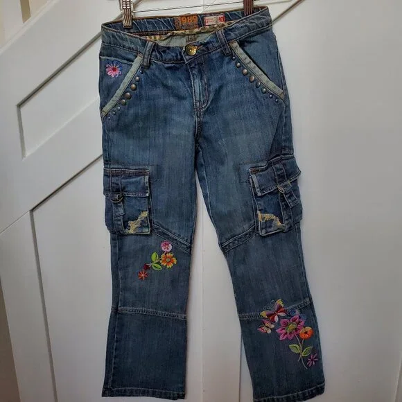 Bootcut embroidered floral studded unique jeans embellished