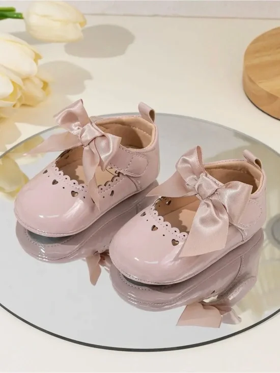 Cute Heart Pink Front Satin Bow Baby Shoes