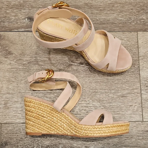 [NEW] Stuart Weitzman Beige Pink Espadrille Wedge Heeled Sandals Zuzu Buckle