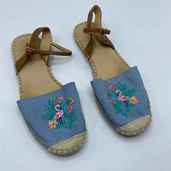 Flamingo Tropical  TALBOTS Izzy Espadrille Sandals Blue Chambray Embroidered 9.5