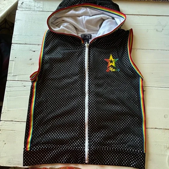 The Childrens Place Kids Black‎ Mesh Rainbow Zip Up Sleeveless Hoodie L 10/12