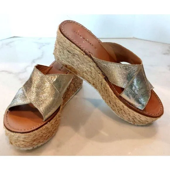 ZARA Jute Esprilladrez Wedge Sandals WITH CROSSOVER STRAPS  GOLD SZ US 7 / UE 38