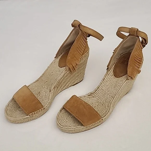 FRYE AND CO. Tan Suede Fringe Espadrille Wedge Sandals