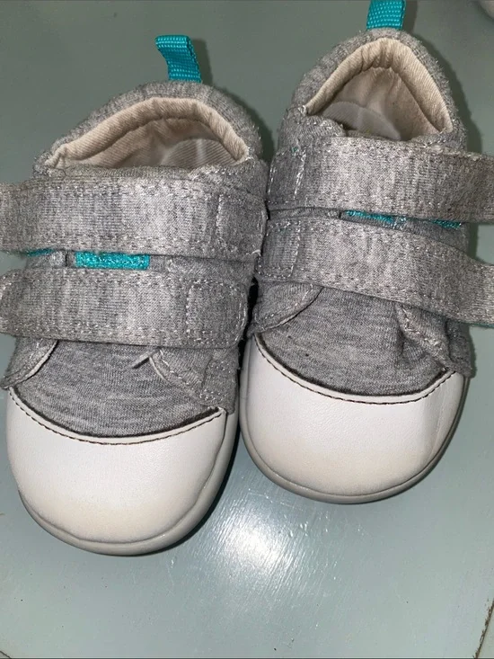 Ten Little Gray and White Baby Walker Shoes with Teal Accent