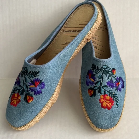 Liz Claiborne Light Blue Espadrille Mules with Multicolor Floral Embroidery