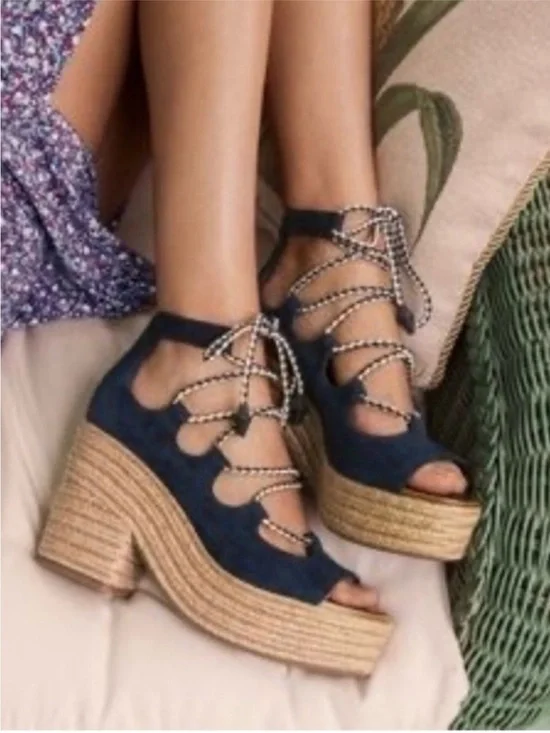 Tory Burch Navy Suede Lace-Up Espadrille Platform Block Heel Sandals Size 7