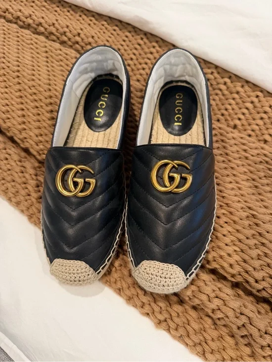 Gucci Black Quilted Leather Espadrille with Gold Double G
