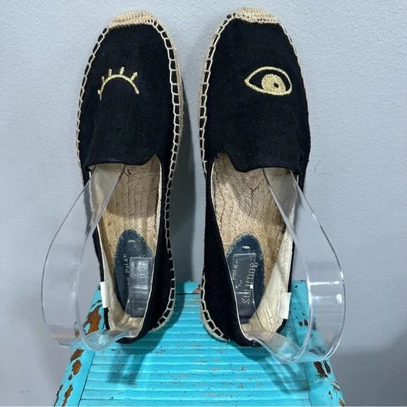 Soludos Jason Polan Gold Embroidered Wink Espadrille Black Size 8
