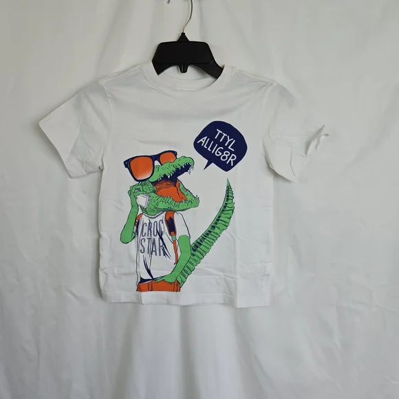 Childrens Place Boys White Tee Crocodile TTYL Short Sleeve Graphic Tee Small 5/6