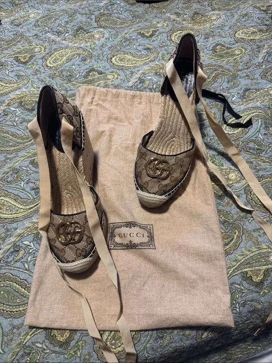 Gucci Brown Monogram Espadrille Wedge Sandals with Ribbon Ankle Ties