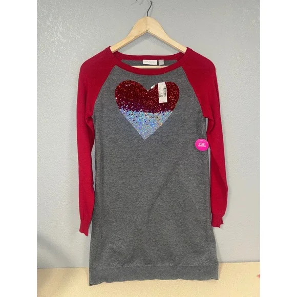The Childrens Place Girls Red Gray Heart Sequin Sweater Dress Tunic XXL 16‎ NWT